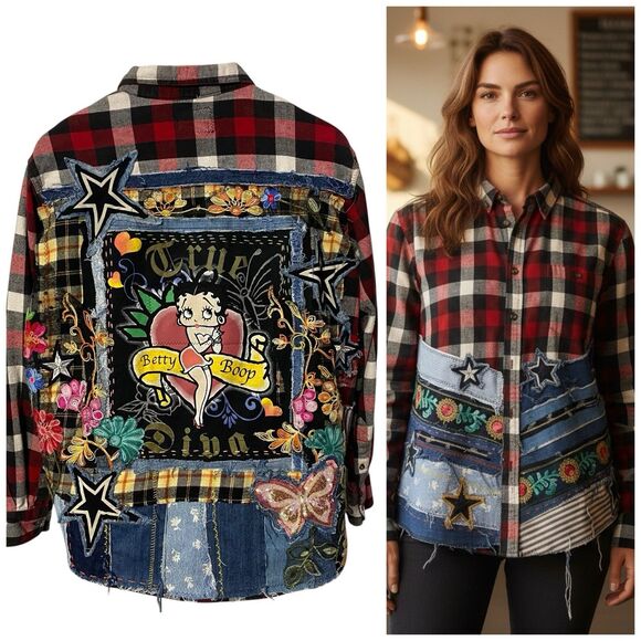 Upcycled Flannel Shirt Shacket Womens XL Betty Boop Grunge Patchwork Folk Art - Picture 9 of 16